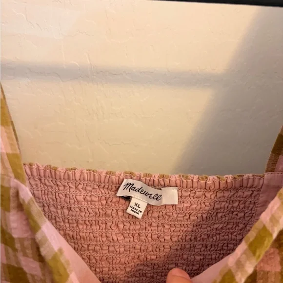 Madewell Gingham Square Neck Puff Sleeve Mini Dress - Pink & Olive - Picture 2 of 2